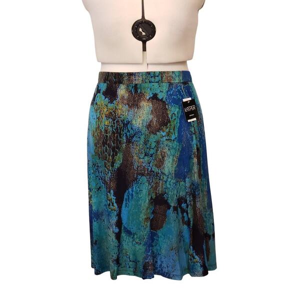 Kasper Skirt Woman Plus Size Teal Gold Metalic  Elastic Waist A-Line Stretch - Picture 1 of 9